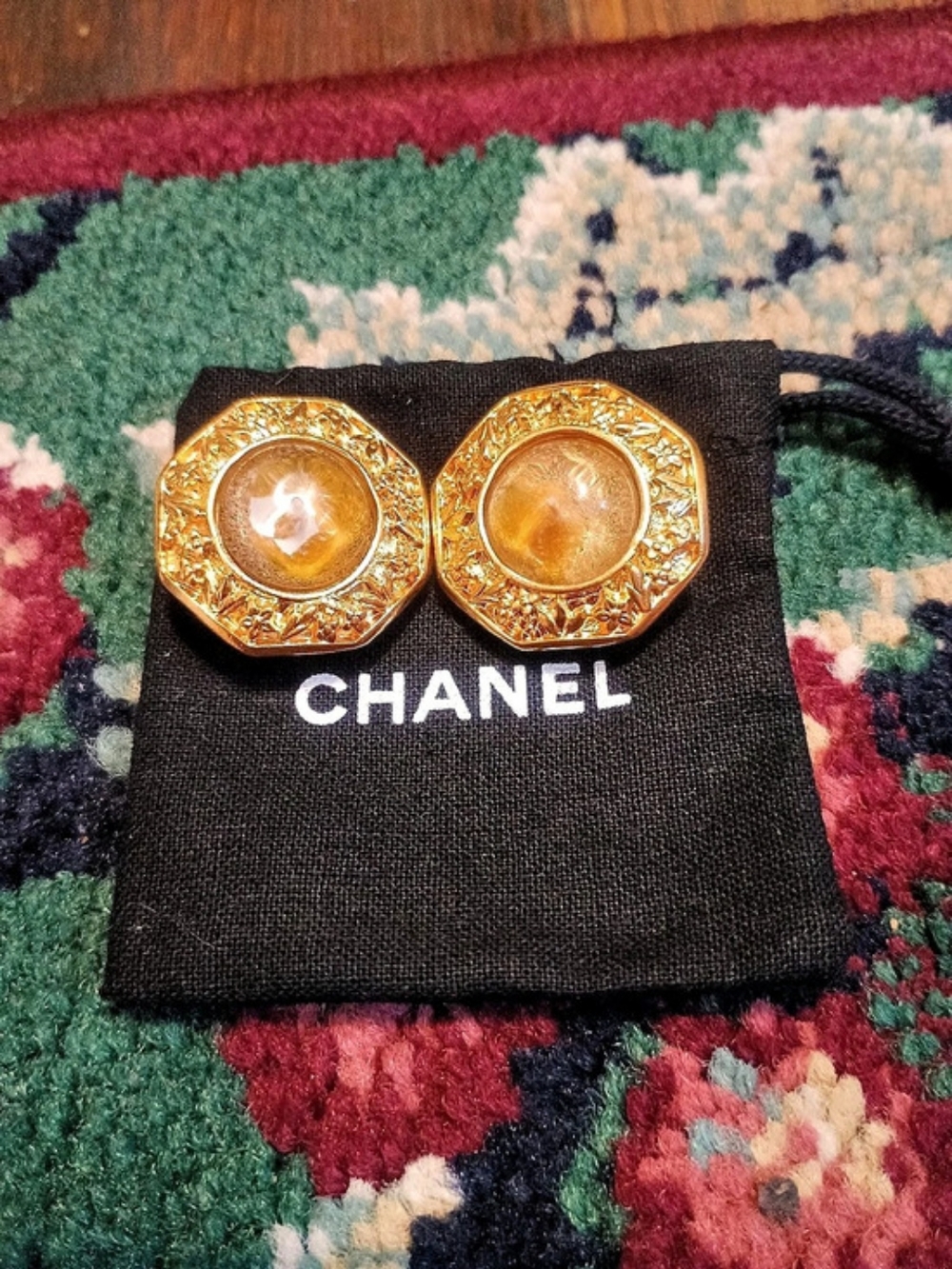 Chanel Vintage Octagonal Gold-Tone Clip-On Earrings - Picture 2 of 6